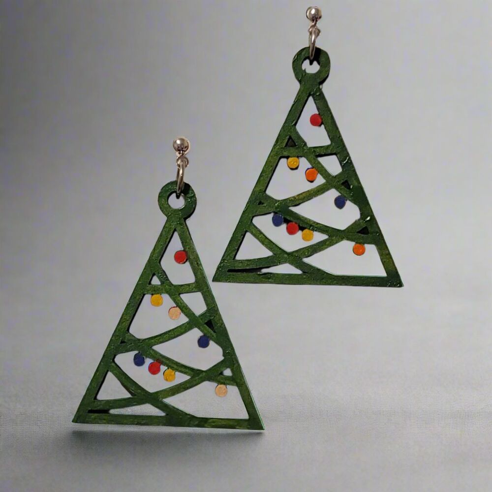 Hand-Painted Green Triangle Christmas Tree Earrings with Festive Dots
